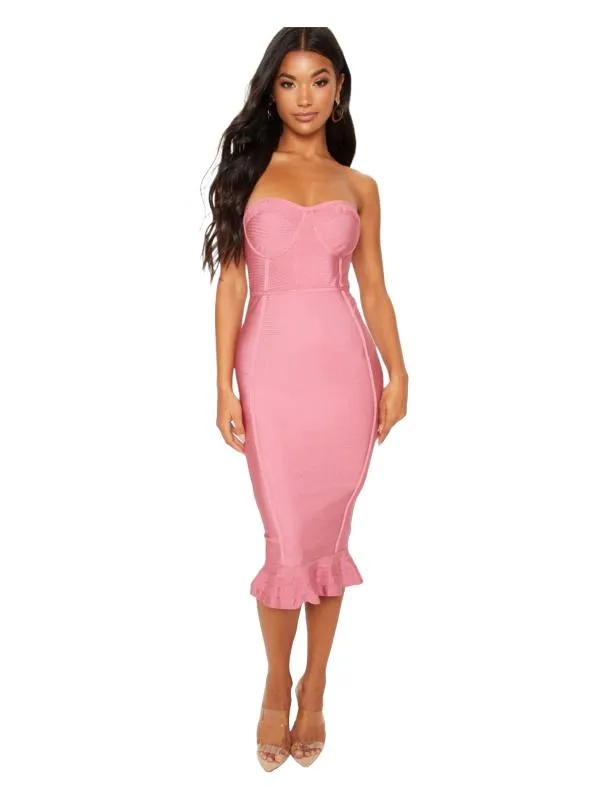 Rochie mulată PrettyLittleThing M | Roz, Midi, Cu umerii goi, Volane, Poliester