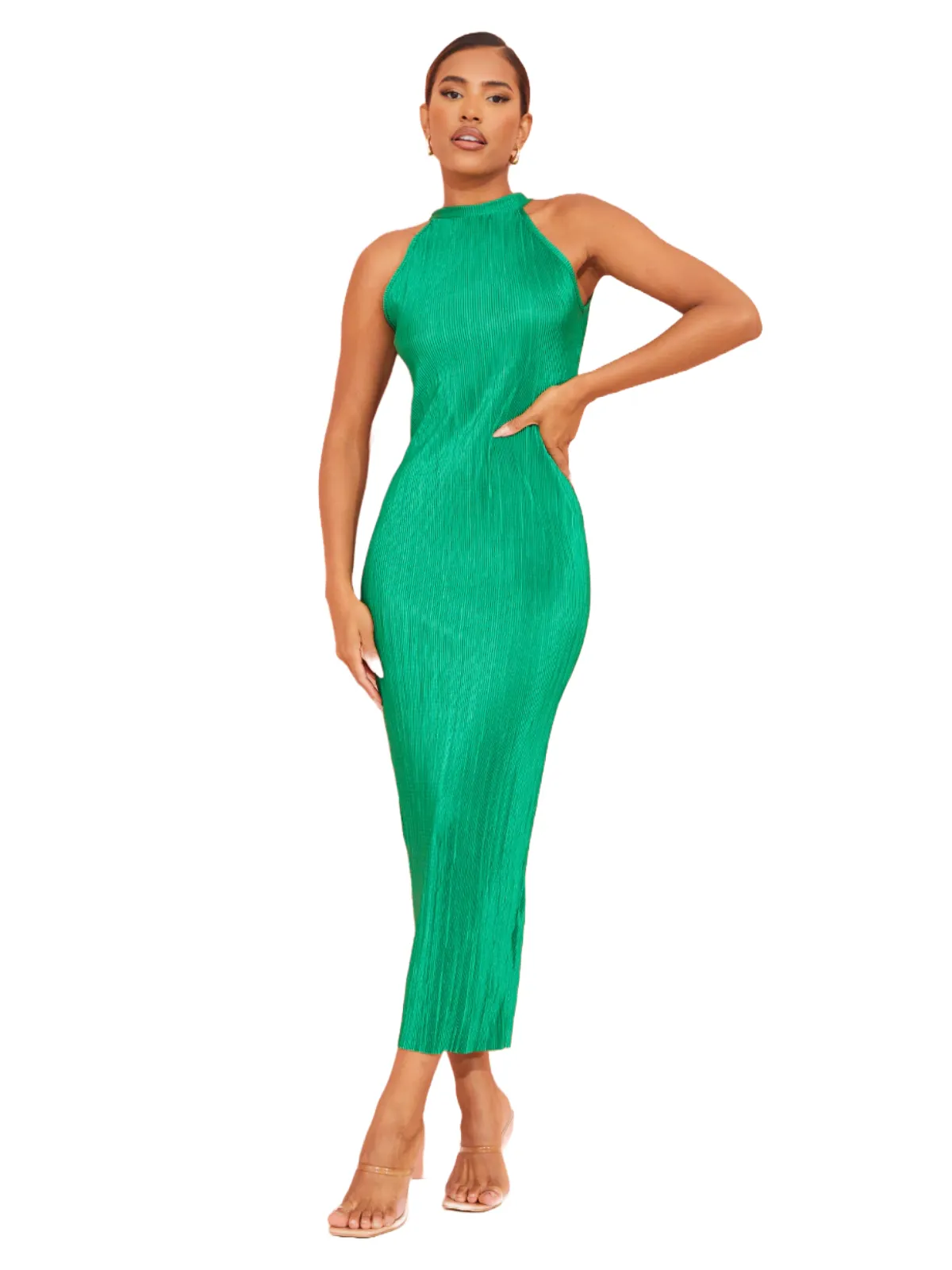 Rochie mulată PrettyLittleThing S | Verde, Maxi, Fără mâneci, Pliuri, Poliester