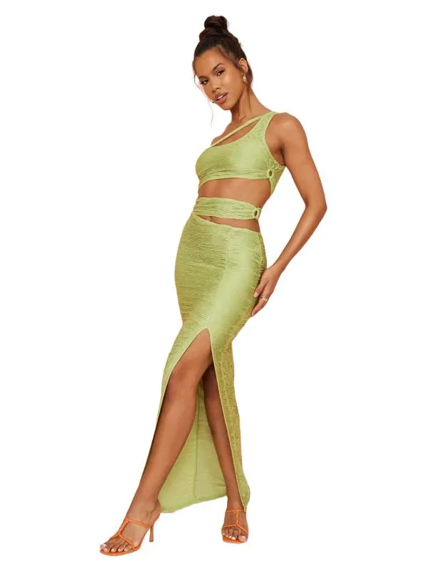 Rochie de seară PrettyLittleThing S | Verde, Maxi, Pe un umăr, Pliuri, Poliester