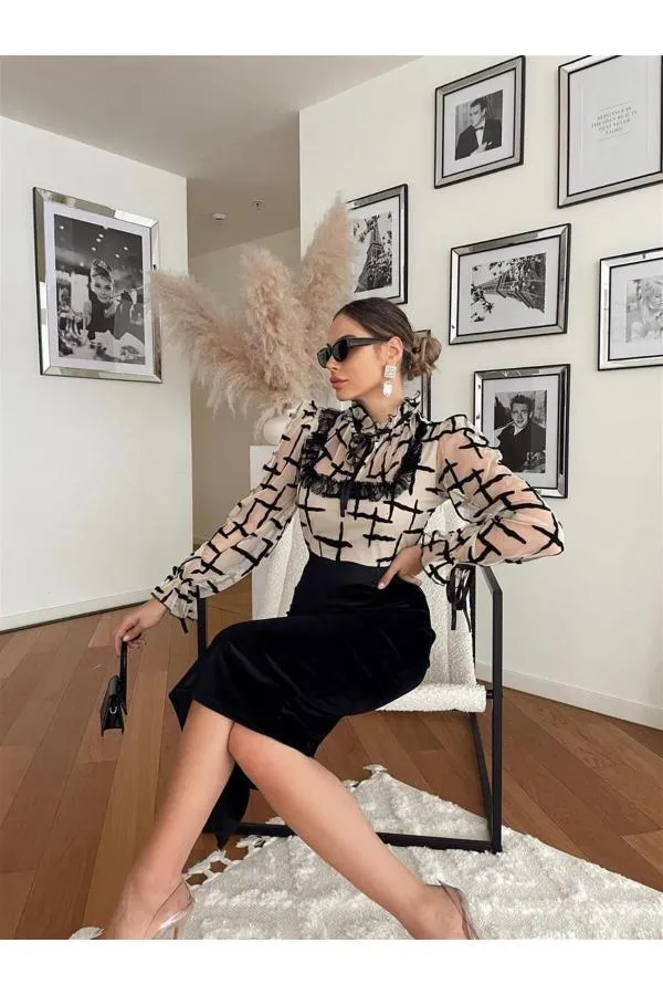 Rochie de ocazie Semma İstanbul EU 36 | Negru, Midi, Mânecă lungă, Dungi, Design asimetric - Image 3