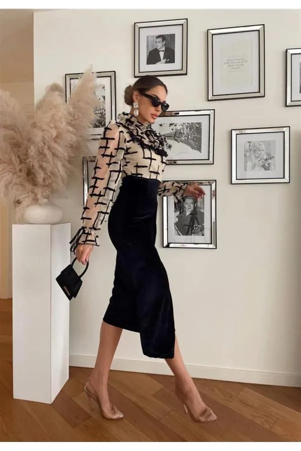 Rochie de ocazie Semma İstanbul EU 36 | Negru, Midi, Mânecă lungă, Dungi, Design asimetric - Image 2
