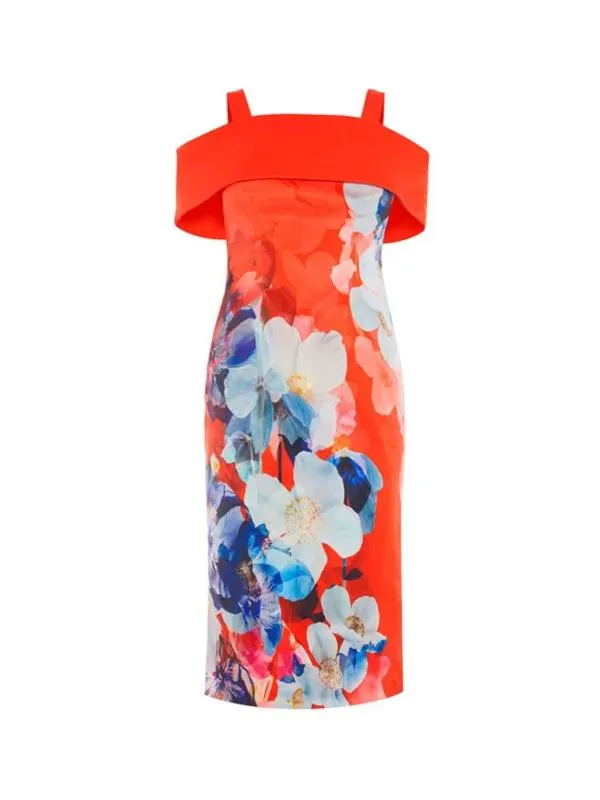 Rochie de seară Coast UK 8 | Roșu, Midi, Bretele subțiri, Floral & Tropical, Volane, Poliester