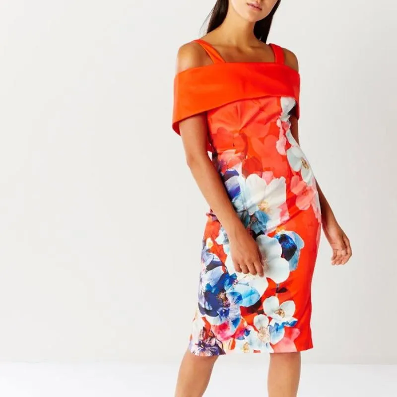 Rochie de seară Coast UK 8 | Roșu, Midi, Bretele subțiri, Floral & Tropical, Volane, Poliester - Image 3