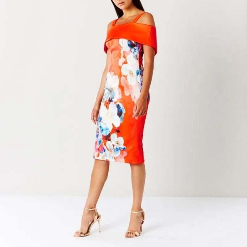 Rochie de seară Coast UK 8 | Roșu, Midi, Bretele subțiri, Floral & Tropical, Volane, Poliester - Image 2