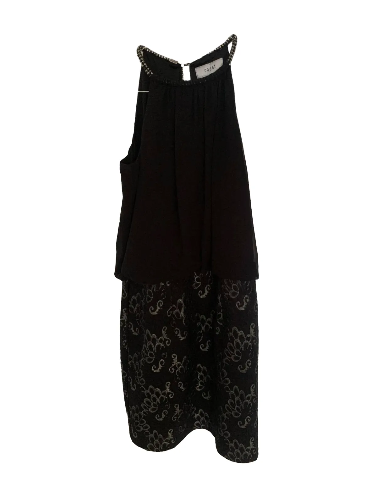 Rochie de seară Coast UK 8 | Negru, Midi, Bretele după gât, Monocrom, Dantelă, Vâscoză