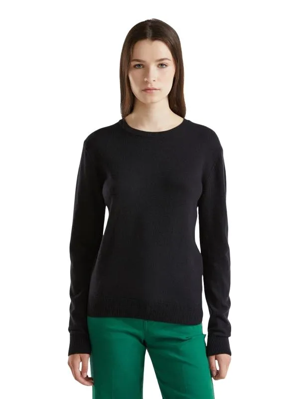 Pulover la baza gâtului United Colors of Benetton EU 40 | Negru, Normal, Mânecă lungă, Regular fit, Lână