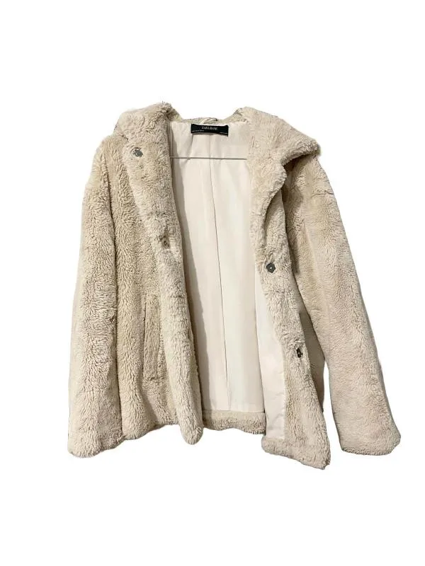 Geacă din blană Zara XS | Crem, Cu glugă