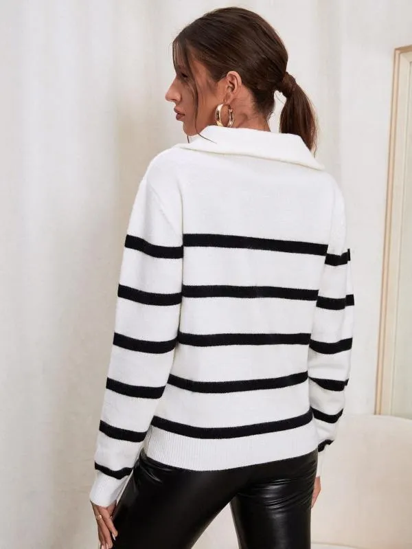 Pulover cu guler înalt Shein EU 38 | Alb, Normal, Mânecă lungă, Regular fit, Dungi - Image 4