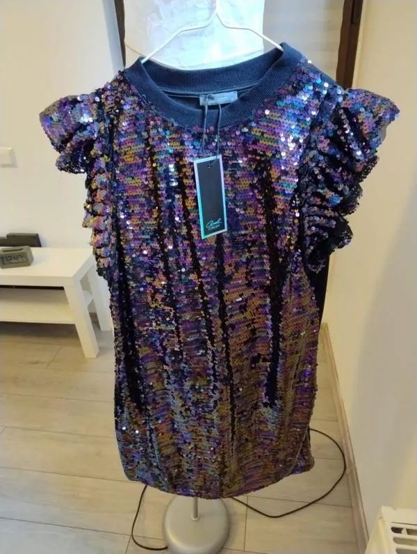 Rochie de seară Axel EU 38 | Indigo, Mini, Mânecă scurtă, Paiete, Bumbac - Image 5