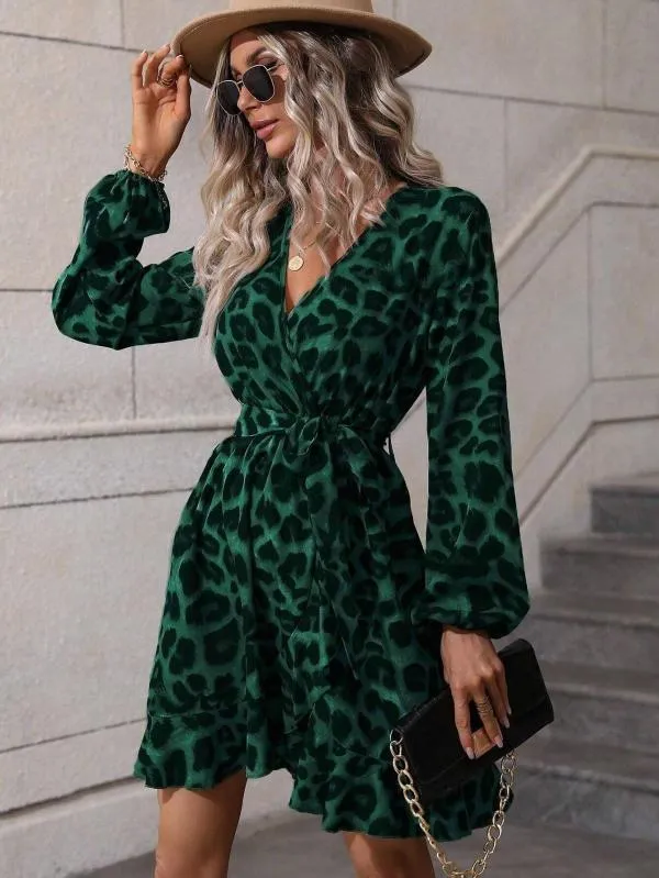 Rochie de ocazie Shein M | Verde, Midi, Mânecă lungă, Animal print - Image 2