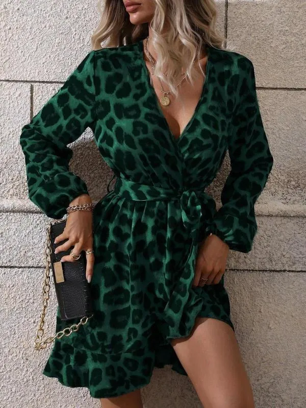 Rochie de ocazie Shein M | Verde, Midi, Mânecă lungă, Animal print - Image 4