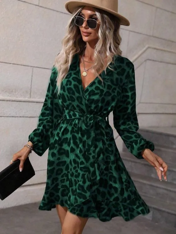 Rochie de ocazie Shein M | Verde, Midi, Mânecă lungă, Animal print - Image 5