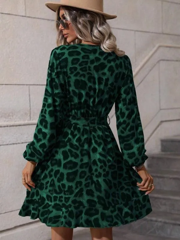 Rochie de ocazie Shein M | Verde, Midi, Mânecă lungă, Animal print - Image 3