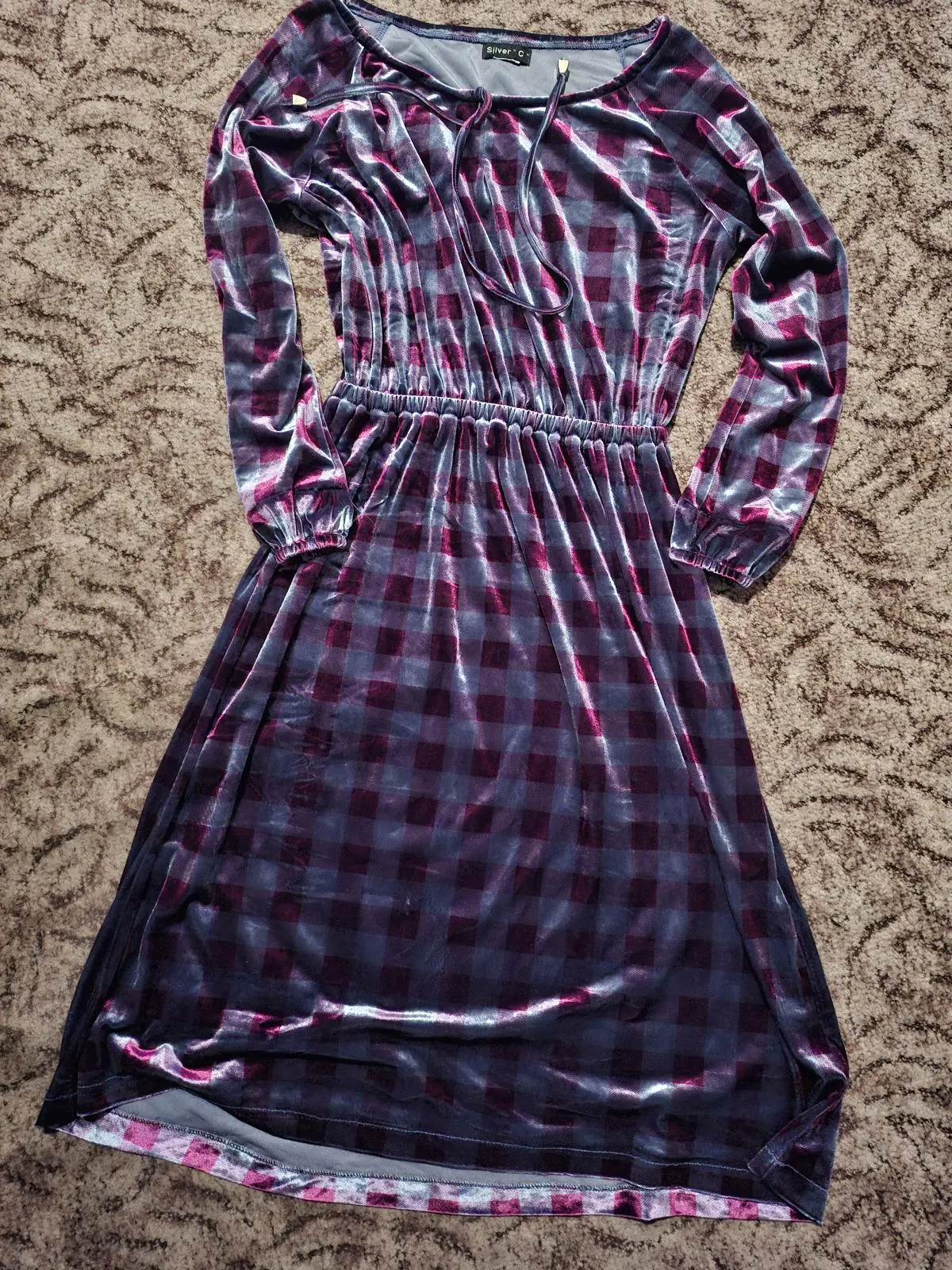 Rochie din silon SILVER M | Gri, Midi, Mânecă trei sferturi, Carouri - Image 2