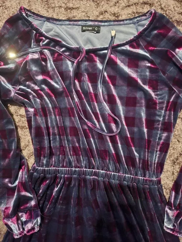 Rochie din silon SILVER M | Gri, Midi, Mânecă trei sferturi, Carouri - Image 3