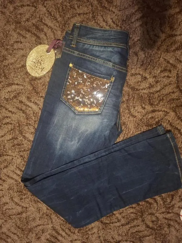 Blugi THIRTYFOUR EU 34 | Bleumarin, Lungi, Wide Leg fit, Paiete, Denim - Image 6