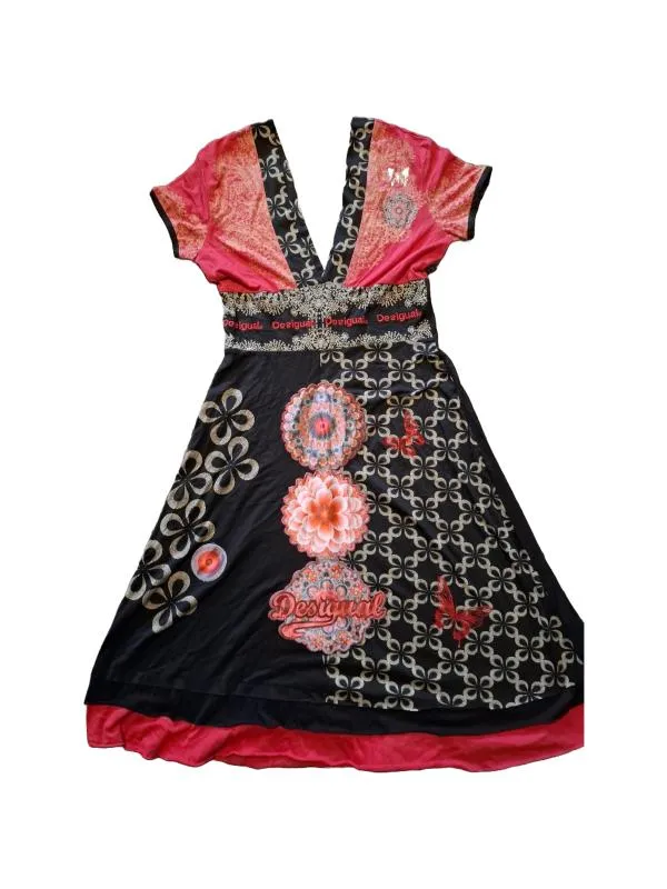 Rochie de vară Desigual EU 36 | Roșu, Midi, Mânecă scurtă, Floral & Tropical, Broderie, Bumbac