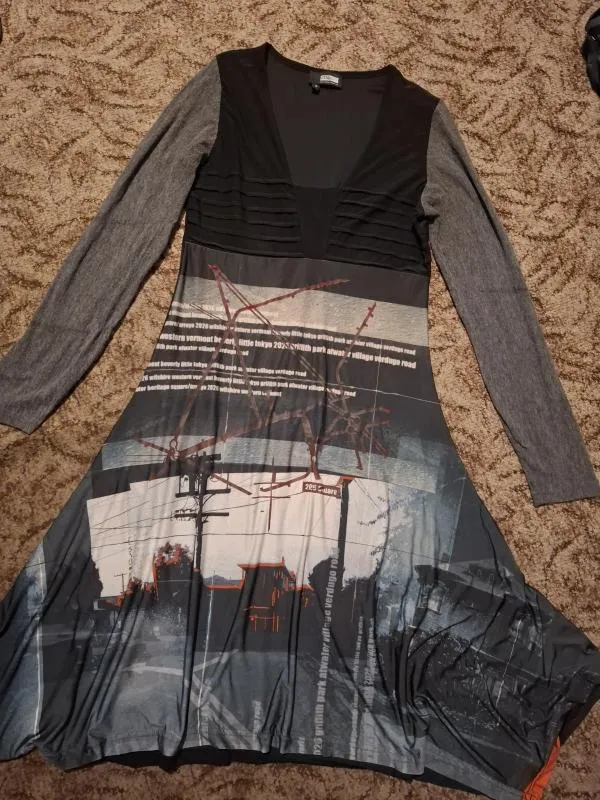 Rochie casual EU 38 | Gri, Midi, Mânecă lungă, Abstract & Color Block, Design asimetric - Image 2
