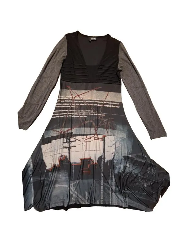 Rochie casual EU 38 | Gri, Midi, Mânecă lungă, Abstract & Color Block, Design asimetric