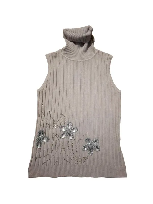 Bluză M | Gri, Normal, Fără mâneci, Pietre decorative