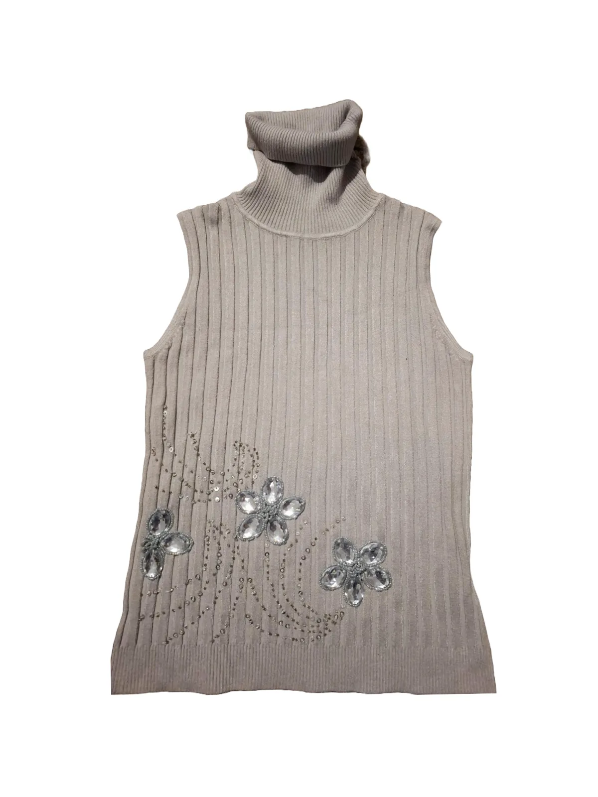 Bluză M | Gri, Normal, Fără mâneci, Pietre decorative