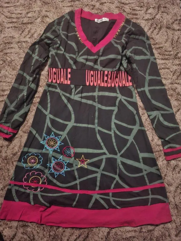 Rochie casual UGUALE EU 40 | Negru, Midi, Mânecă lungă, Abstract & Color Block, Broderie, Bumbac - Image 2