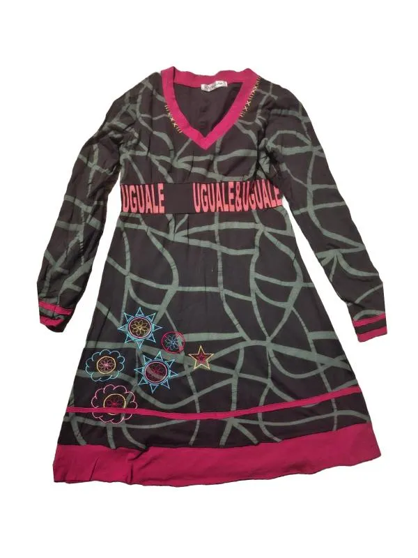 Rochie casual UGUALE EU 40 | Negru, Midi, Mânecă lungă, Abstract & Color Block, Broderie, Bumbac