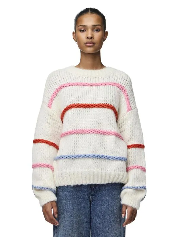 Pulover Pieces EU 38 | Alb, Normal, Mânecă lungă, Regular fit, Dungi, Poliester