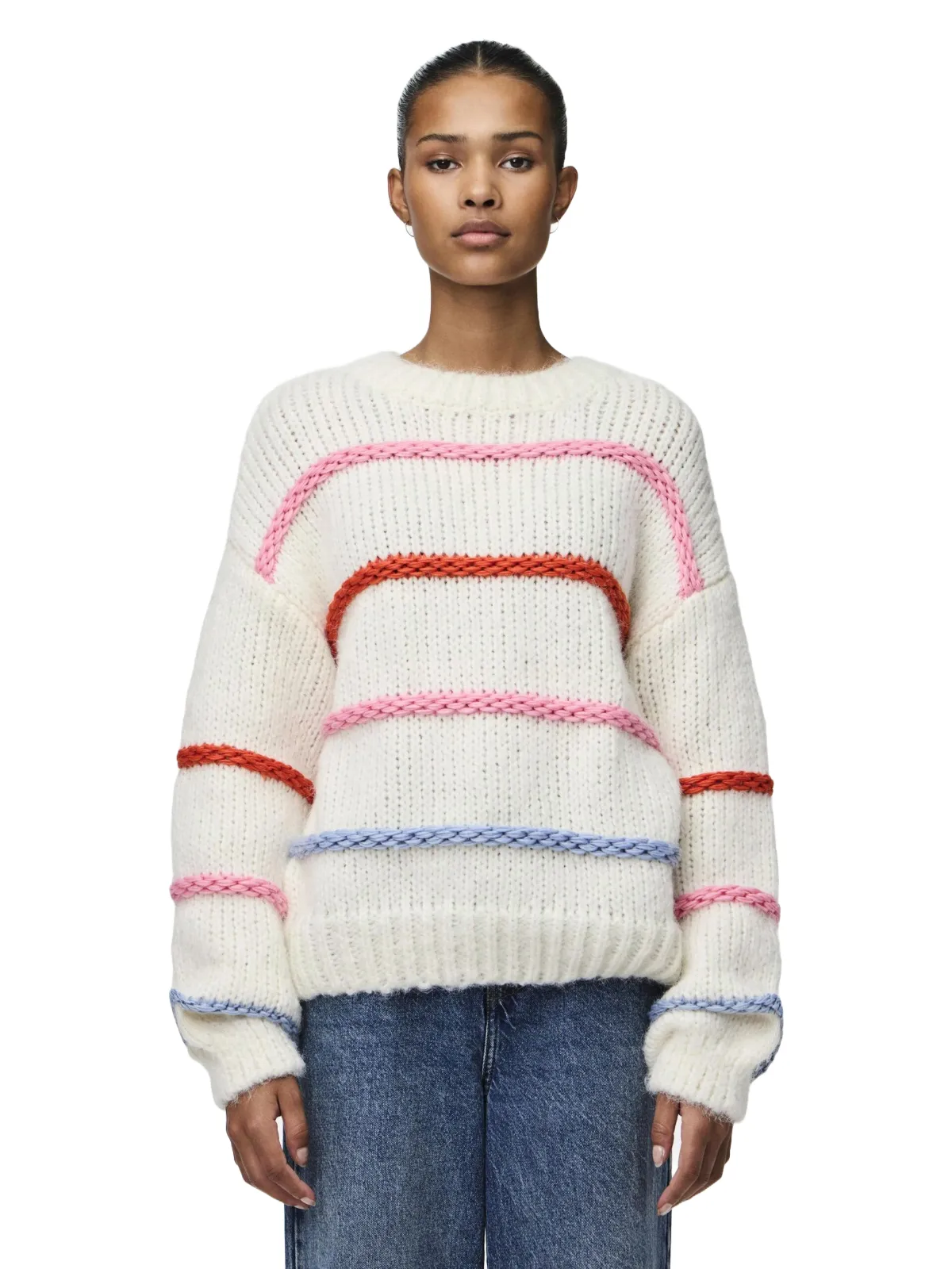 Pulover Pieces EU 38 | Alb, Normal, Mânecă lungă, Regular Standard fit, Dungi, Poliester
