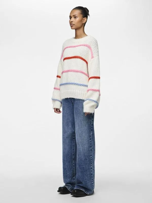 Pulover Pieces EU 38 | Alb, Normal, Mânecă lungă, Regular fit, Dungi, Poliester - Image 3
