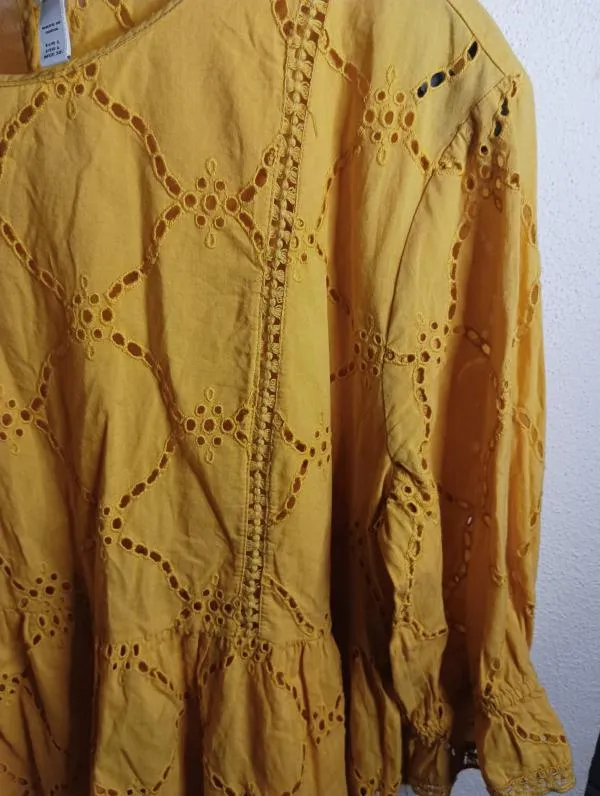 Bluză Zara L | Galben, Normal, Mânecă trei sferturi, Abstract & Color Block, Broderie, Bumbac - Image 5