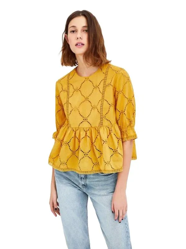 Bluză Zara L | Galben, Normal, Mânecă trei sferturi, Abstract & Color Block, Broderie, Bumbac