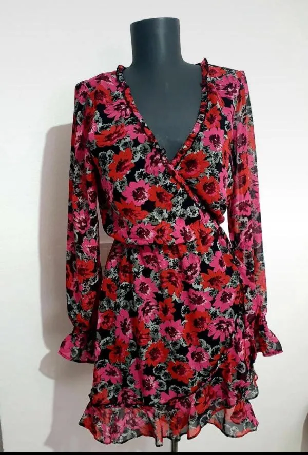 Rochie casual H&M EU 36 | Multicolor, Mini, Mânecă lungă, Floral & Tropical, Volane - Image 2
