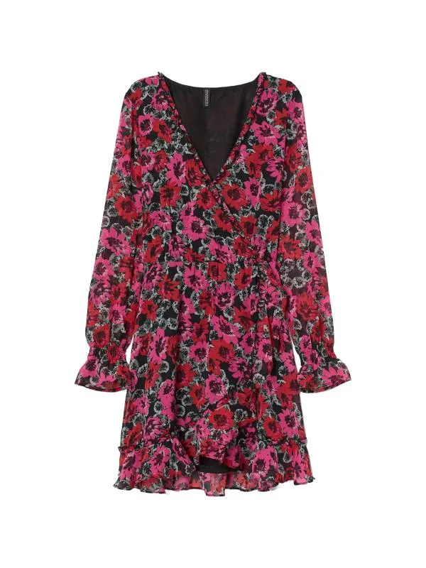 Rochie casual H&M EU 36 | Multicolor, Mini, Mânecă lungă, Floral & Tropical, Volane