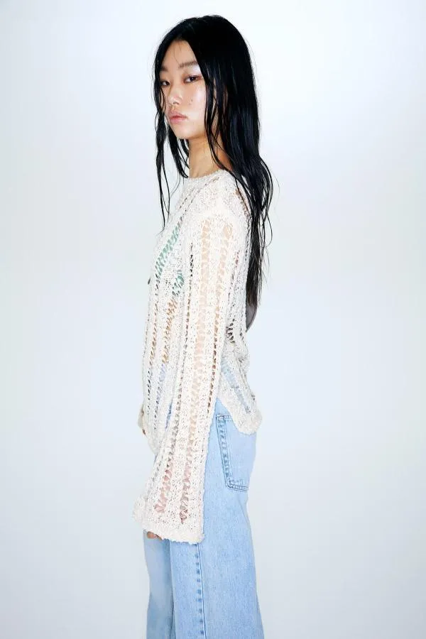 Pulover H&M EU 36 | Bej, Normal, Mânecă lungă, Regular fit, Transparent, Poliester - Image 3