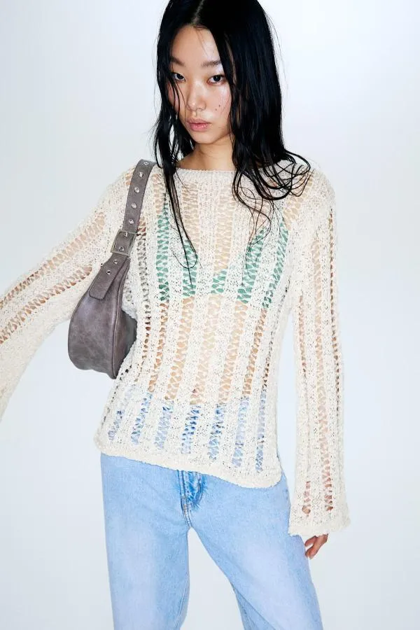 Pulover H&M EU 36 | Bej, Normal, Mânecă lungă, Regular fit, Transparent, Poliester - Image 2