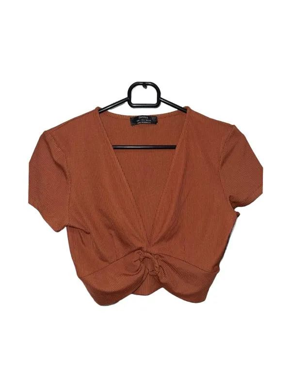 Top cropped Bershka S | Cărămiziu, Cropped (Scurt), Mânecă scurtă