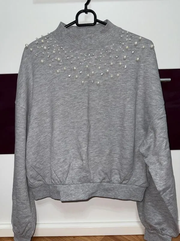 Pulover cu guler înalt Bershka S | Gri, Normal, Mânecă lungă, Regular fit, Pietre decorative - Image 2