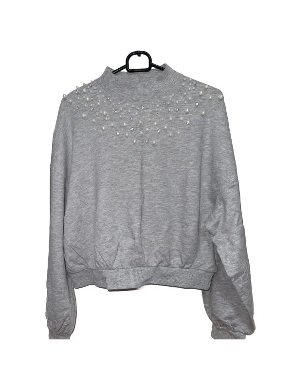 Pulover cu guler înalt Bershka S | Gri, Normal, Mânecă lungă, Regular fit, Pietre decorative