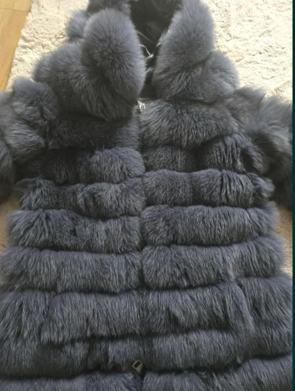 Geacă din blană Moda XL | Gri, Cu glugă, Blană naturală - Image 6