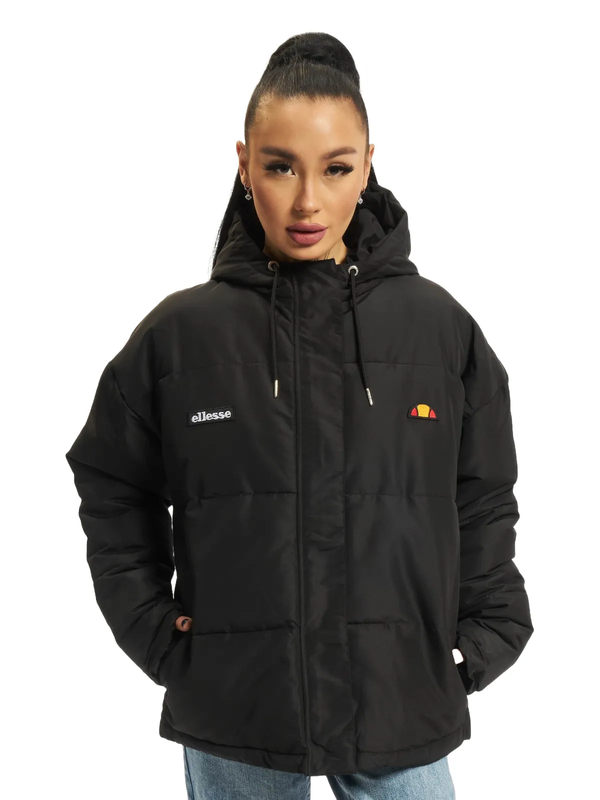 Geacă matlasată Ellesse EU 44 | Negru, Cu glugă, Logo