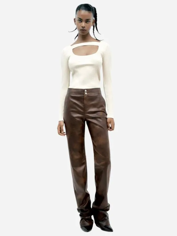 Pantaloni Zara EU 34 | Maro, Lungi, Talie medie, Clasici  Casual, Poliuretan - Image 2
