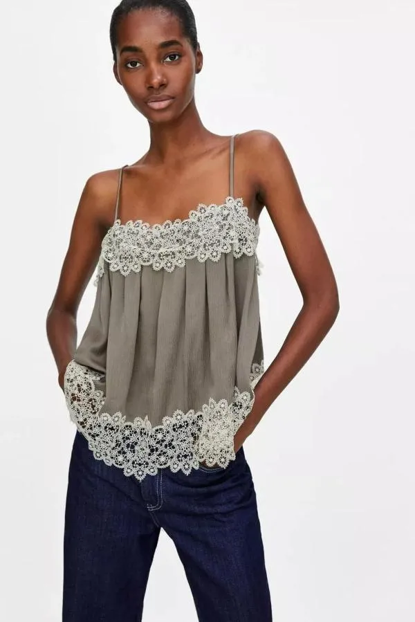 Top camisole Zara S | Khaki, Normal, Bretele subțiri, Broderie, Vâscoză - Image 2