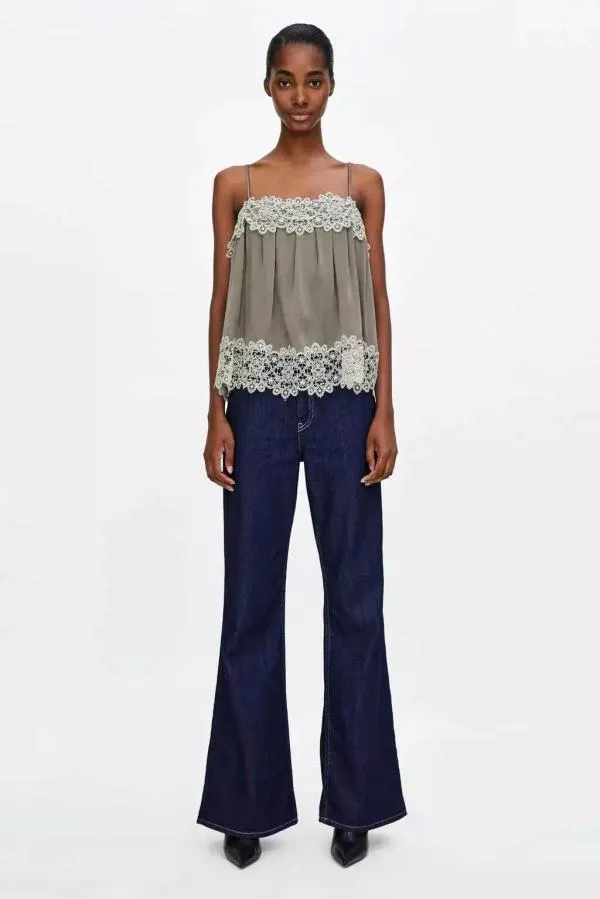 Top camisole Zara S | Khaki, Normal, Bretele subțiri, Broderie, Vâscoză - Image 3