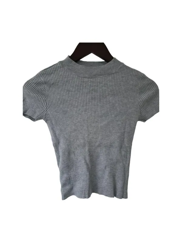 Top cropped Bershka S | Gri, Cropped (Scurt), Mânecă scurtă, Cu decupaje