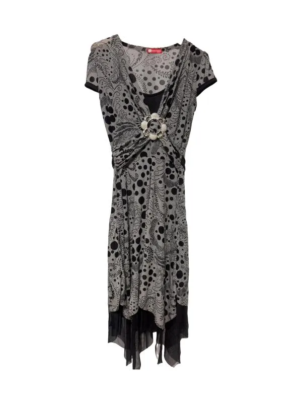Rochie de seară SAN HONG EU 38 | Gri, Midi, Fără mâneci, Floral & Tropical, Design asimetric, Poliester