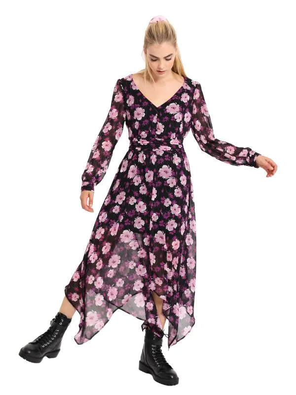 Rochie casual Pimkie EU 36 | Mov, Midi, Mânecă lungă, Floral & Tropical, Design asimetric, Poliester