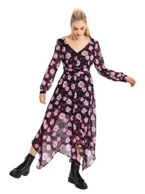Rochie casual Pimkie EU 36 | Mov, Midi, Mânecă lungă, Floral & Tropical, Design asimetric, Poliester