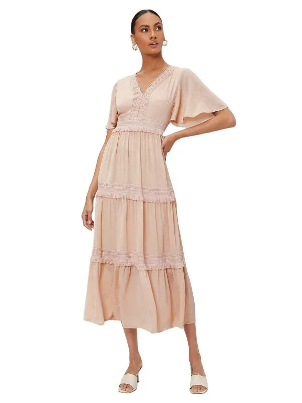 Rochie casual Shein EU 36 | Bej, Midi, Mânecă scurtă, Franjuri, Poliester