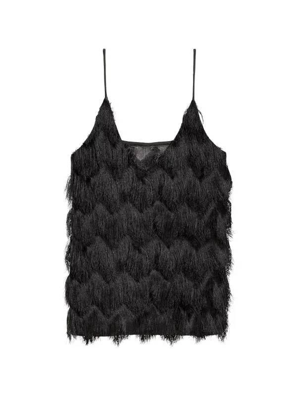 Top cu franjuri H&M EU 36 | Negru, Normal, Bretele subțiri, Franjuri, Poliester